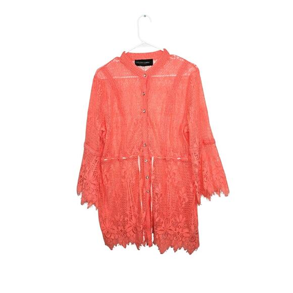 Coral Orange Lace Crochet Cover-up Kimono Tie Waist Button Front Long Sleeve XL - Picture 2 of 10
